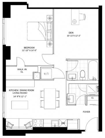 Floor plan for 1 bed, 2 baths, 748 sqft